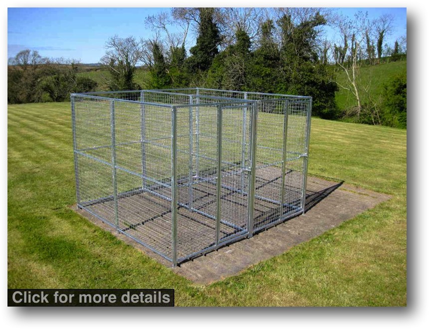 Double Dog Run Pack. Finished size 2.5m x 2.5m (approx. 8ft x 8ft). Height 1.8m (6ft.). Each individual pen 2.5m x 1.25m (approx. 8ft x 4ft) Sturdy construction using 25x25mm box section framing covered with 50x50x3mm weldmesh. Hot dip galvanised for lifetime rust protection. Bottom of panels are raised off the ground to stop bacterial growth and to ease cleaning. Comes complete with gate and all bolts.  Can be easily erected in around 30 minutes with no special tools or skills required.
